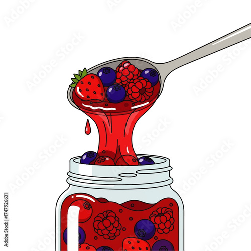 Spoon pouring fruit jam with strawberries, raspberries, and blueberries into a glass jar.