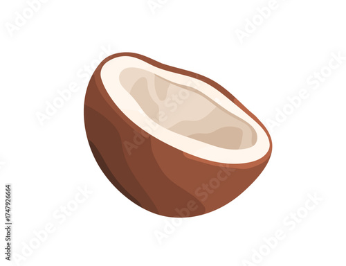 Half of cracked coconut icon. Section of coco nut, exotic fruit with hard shell. Fresh tropical food from palm tree. Healthy delicious eating. Flat isolated vector illustration on white background