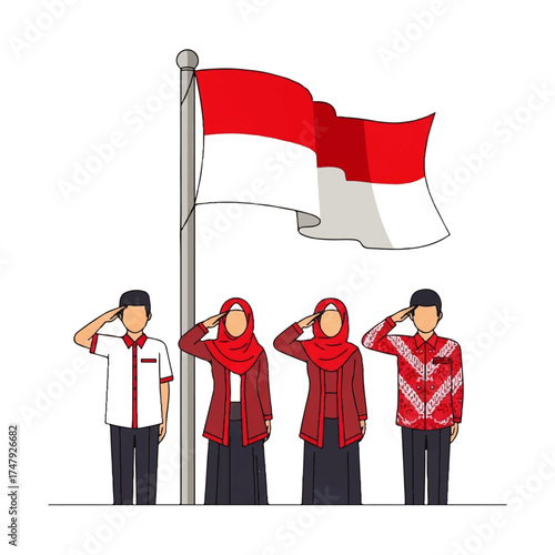 Four people salute the Indonesian flag, wearing traditional clothing and headscarves.
