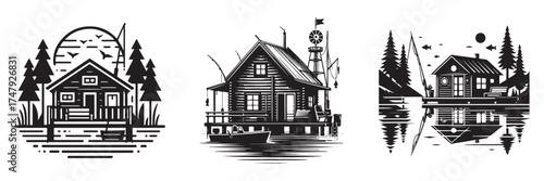 Modern Minimalist Fishing Lake Cabin Icon, Flat Silhouette of a Waterfront Lodge Vector for Outdoor Illustration Design