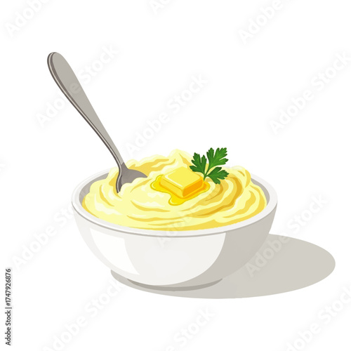 A bowl of mashed potatoes with butter and parsley, with a spoon resting inside.
