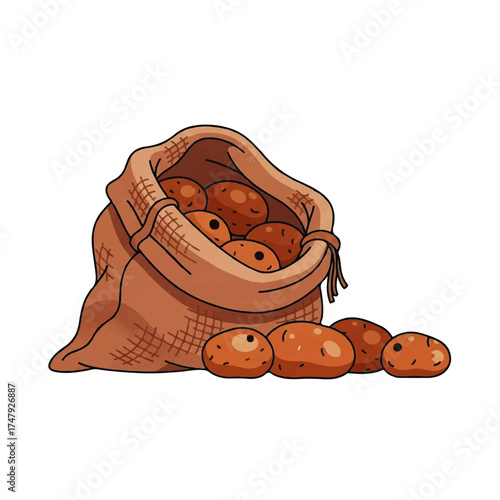 A brown burlap sack overflowing with potatoes, with some potatoes scattered on the ground in front of it.