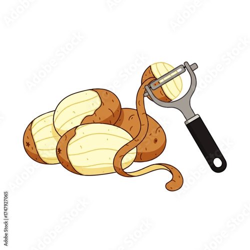 Illustration depicts potatoes being peeled with a kitchen tool, showing the process of removing the skin.