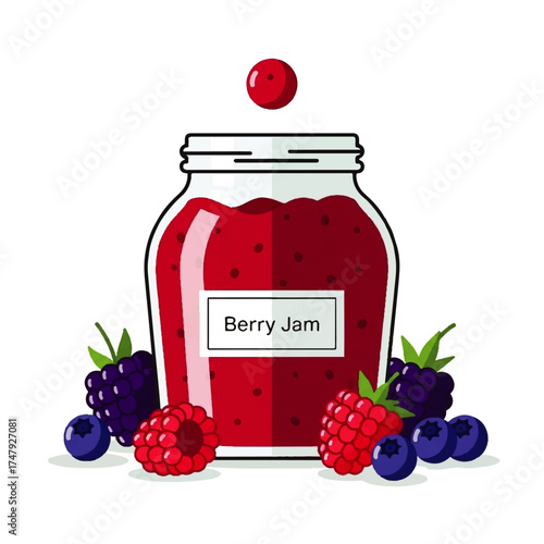 A jar filled with berry jam, surrounded by fresh raspberries, blackberries, and blueberries.