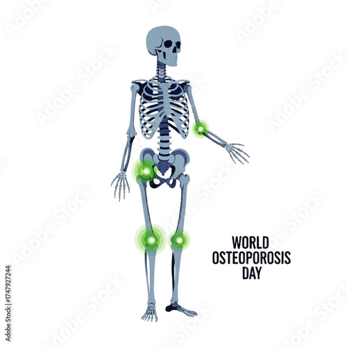 An anatomical illustration of a human skeleton highlighting potential areas of bone density loss.
