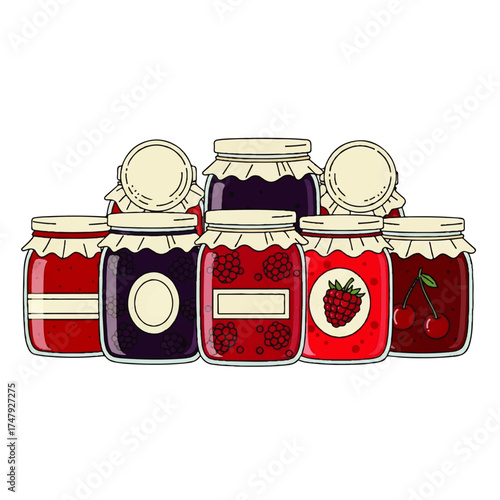 Illustration of seven jars of homemade jam, each with different fruit flavors and labels.