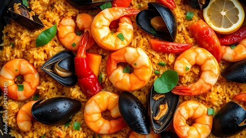 Spanish seafood paella with shrimp, mussels, and peppers on a plate.
