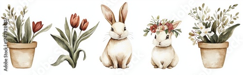Cute rabbits with floral arrangements in clay pots for spring decor