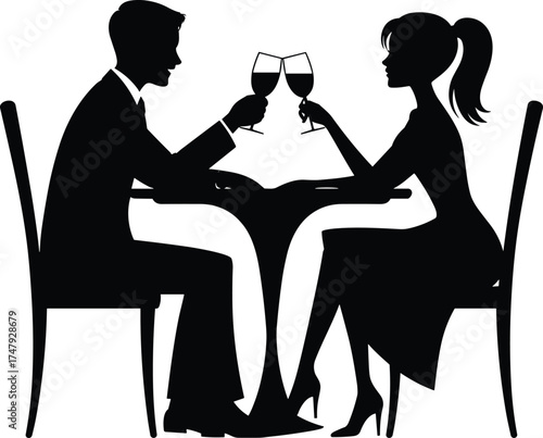 Elegant dinner silhouette of couple toasting at table, romantic celebration vector illustration for lifestyle, dining, relationship, and event concept