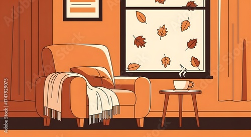 Cozy living room with armchair and autumn view from window. Seasonal home interior. Warm fall decor and comfortable atmosphere illustration