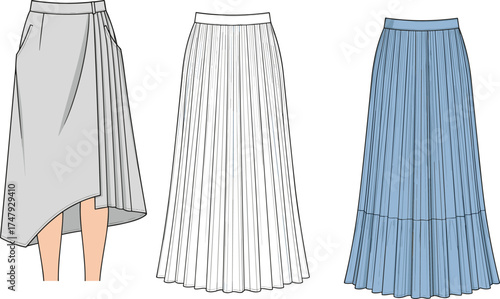 Fashion flat skirt illustration set with pleated, wrap, and tiered styles for apparel design, garment construction, and textile concept