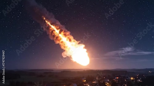 Meteor Blaze Over City Lights – Fiery Celestial Object Piercing the Starry Night