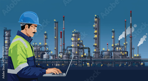 Oil Refinery Operator Using Laptop for Control Panel Management at Night