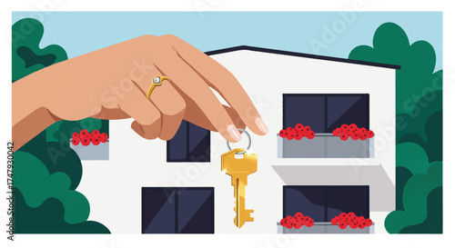 Hand holding keys to a new house, real estate vector illustration