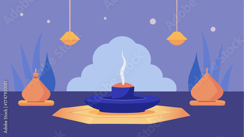 A mindfulness meditation space illustrated with cushions incense smoke drifting in the air and soft lighting creating a tranquil environment.