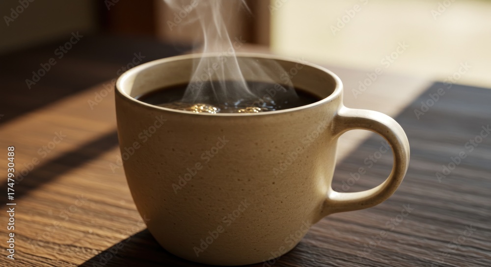 Fototapeta premium Steaming coffee cup on wooden surface