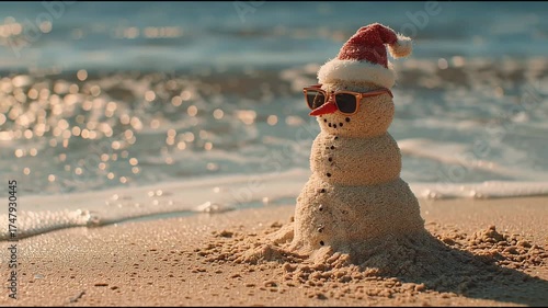 Sand snowman with santa hat and sunglasses melting on beach shoreline in warm sunset light. Ironic seasonal contrast concept
