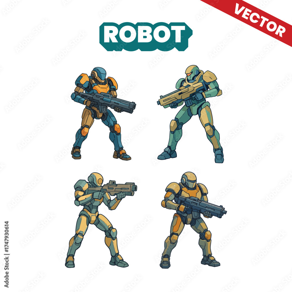 Fototapeta premium Group of modern and futuristic robot running vector illustration carrying a large modern weapon