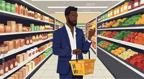 Thoughtful Shopper Man Browsing Produce Aisle with Basket in Supermarket