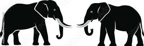 Two elephants walking together with trunks linked, family love bond silhouette vector wildlife design illustration