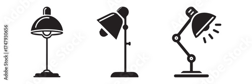 Modern Minimalist Study Lighting Icon, Flat Silhouette of a Desk Lamp Vector for Interior Illustration Design