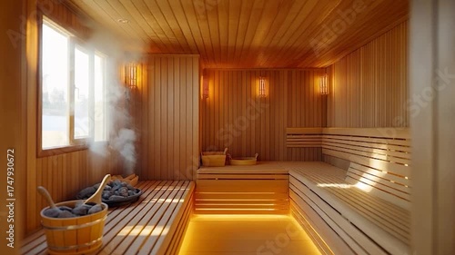 Interior of a modern wooden sauna with steam rising from a bucket of hot stones.