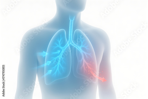 3D medical illustration of airway and gas exchange, trachea to lungs and alveoli with blue O2 inflow and red CO2 outflow, translucent capillaries, soft studio lighting, white background, minimalist