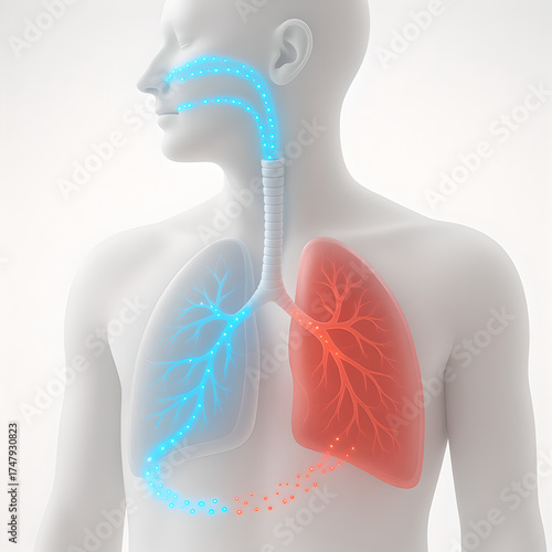 3D medical illustration of airway and gas exchange, trachea to lungs and alveoli with blue O2 inflow and red CO2 outflow, translucent capillaries, soft studio lighting, white background, minimalist