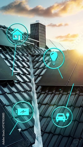 Roof with solar panels and smart home technology icons