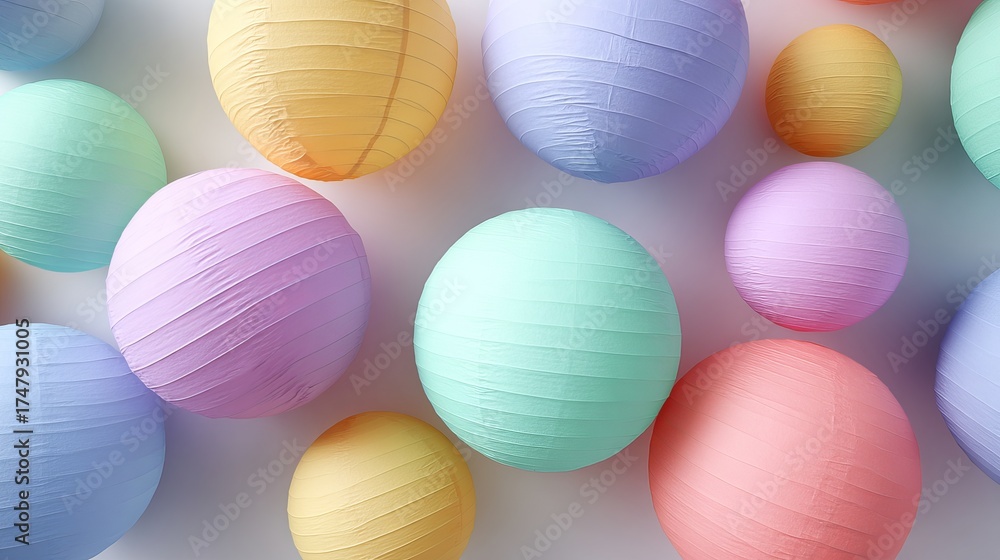 Fototapeta premium Whimsical pastel paper lanterns create a festive, dreamy atmosphere for celebrations and events.