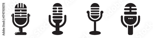 Modern Minimalist Microphone Classic Icon, Flat Silhouette of a Retro Audio Device Vector for Music Illustration Design