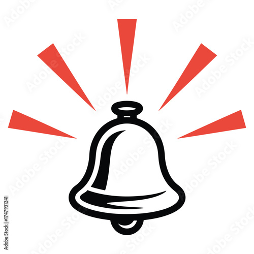 Stylized illustration of a ringing bell with red sound waves, , notification icon