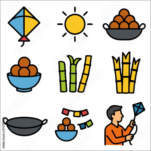 Makar Sankranti Flat Icon Set, Indian Harvest Festival & Kite Celebration Vector Pack
