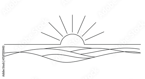 Simple line drawing of a rising sun over a wavy horizon