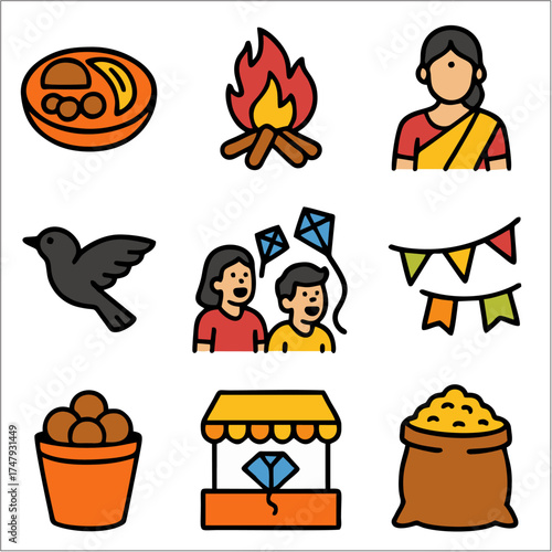 Makar Sankranti Flat Icon Set, Indian Harvest Festival & Kite Celebration Vector Pack