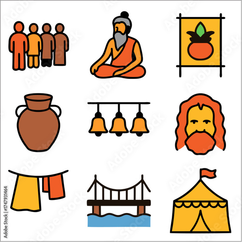 Kumbh Mela Flat Icon Set, Hindu Pilgrimage & Spiritual Festival Vector Collection