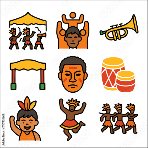 Dinagyang Festival Flat Icon Set, Filipino Tribal Dance & Cultural Parade Vector Pack