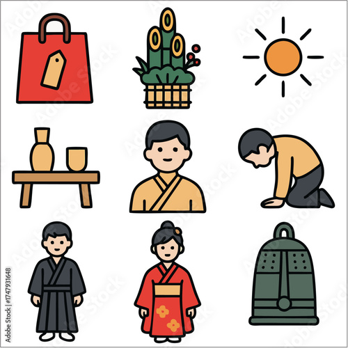Gantan Sai Flat Icon Set, Japanese New Year Shinto Celebration Vector Pack
