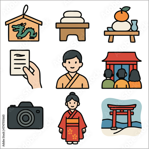 Gantan Sai Flat Icon Set, Japanese New Year Shinto Celebration Vector Pack