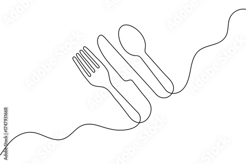 One line drawing of fork knife spoon minimal outline isolated vector design
