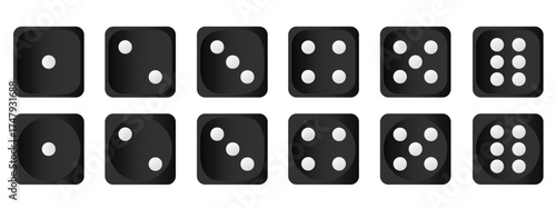 Vector set of white and black dice icons, close-up. Gambling dice. Concept for casinos and other games. Element for your design.