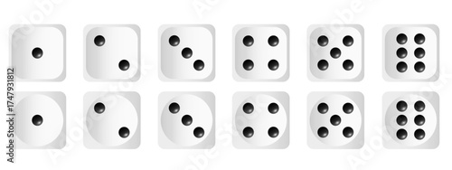 Vector set of white and black dice icons, close-up. Gambling dice. Concept for casinos and other games. Element for your design.