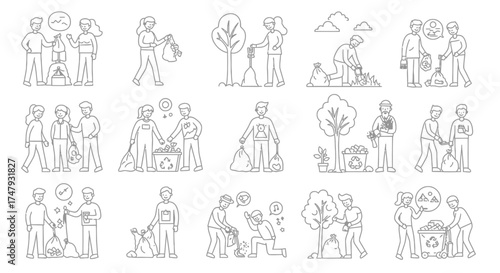 Community volunteers engaging in various environmental cleanup and planting activities