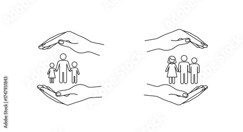 Protecting families with care hands sheltering family figures in simple line art