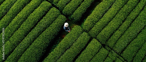 High-angle view of a tea plantation.  A person is tending to the rows of lush green tea plants.  Organized rows and meticulously maintained