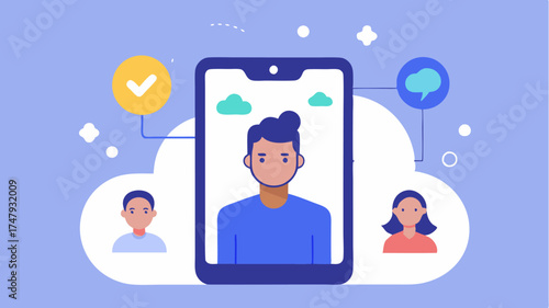 A large smartphone displaying a video call between an influencer and a brand representative with thought bubbles illustrating creative ideas floating above.