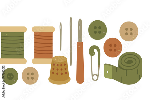 Classic sewing and tailoring equipment including thread spools, buttons, and measuring tape