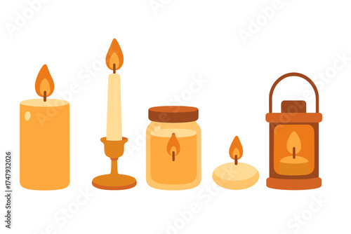 Set of various burning candles including pillar, taper, jar, tealight, and a decorative lantern