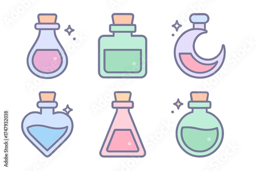 Set of six colorful magic potion bottles with cork stoppers in various shapes including heart and crescent moon