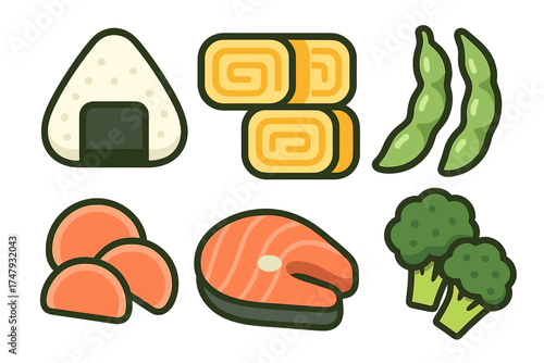 Healthy meal components set featuring salmon steak, rice ball, rolled omelet, edamame, and fresh vegetables